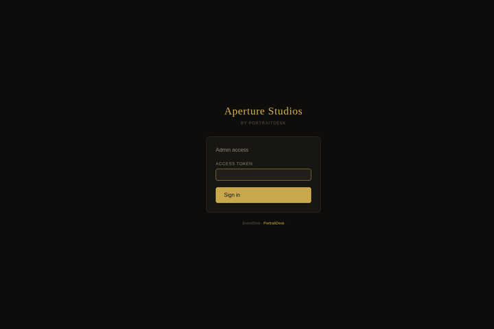 EventShot white-label admin login screen branded as Aperture Studios