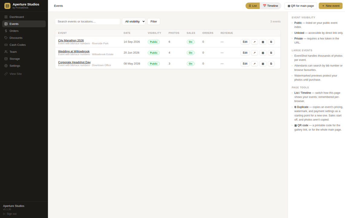 EventShot events admin listing three events with visibility badges, sales toggles, and action buttons
