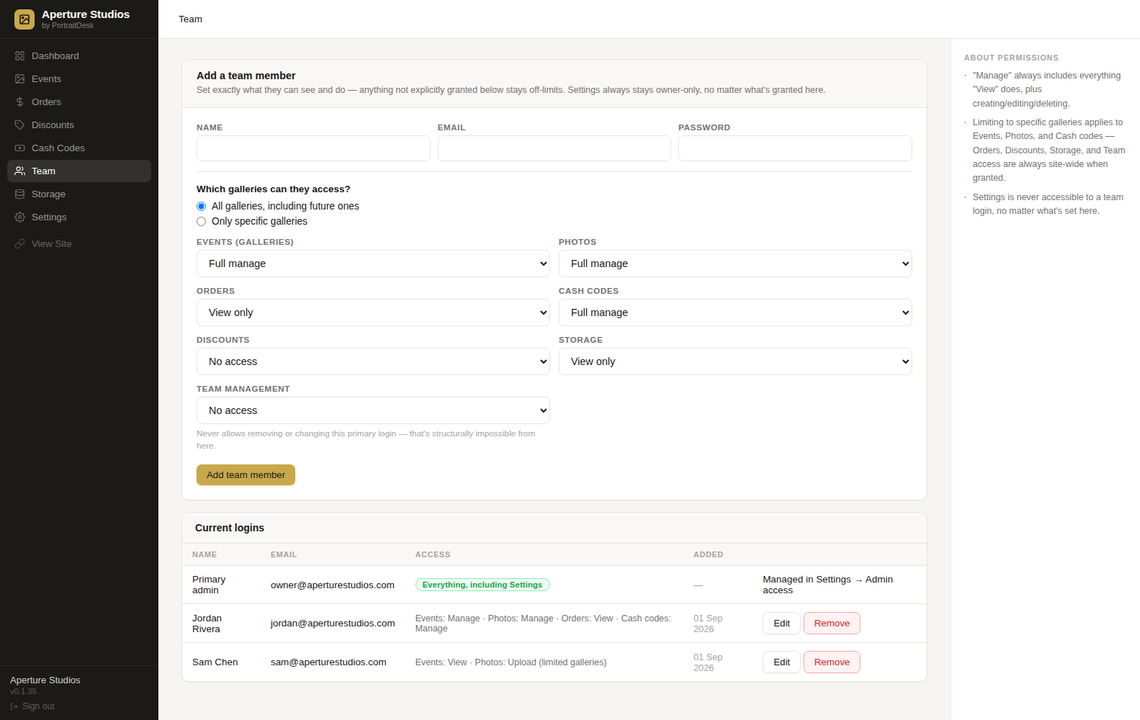EventShot team permissions panel with per-category access dropdowns and current logins list