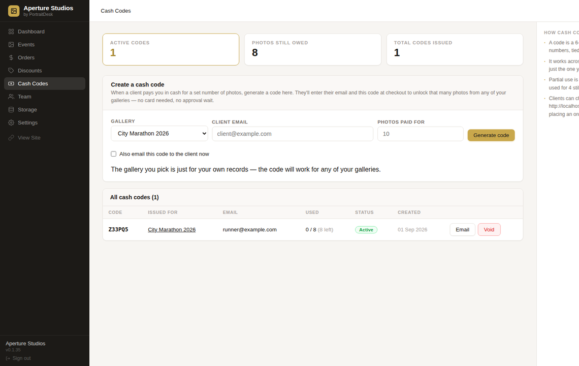 EventShot cash codes admin panel showing code Z33PQ5 with 8 photos remaining