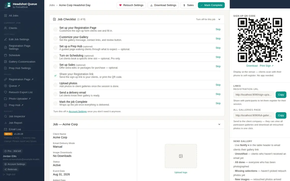 HeadshotQueue job page showing job checklist, client settings and sign-up QR code for Acme Corp Headshot Day