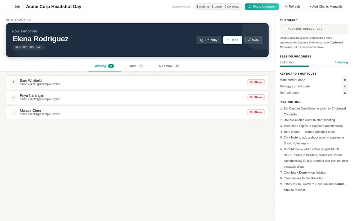 HeadshotQueue live queue with current client and waiting list