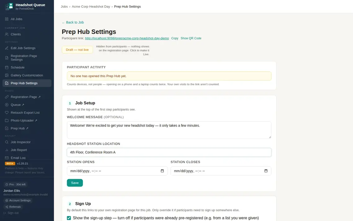 HeadshotQueue Prep Hub settings page showing welcome message, station location and open/close time fields