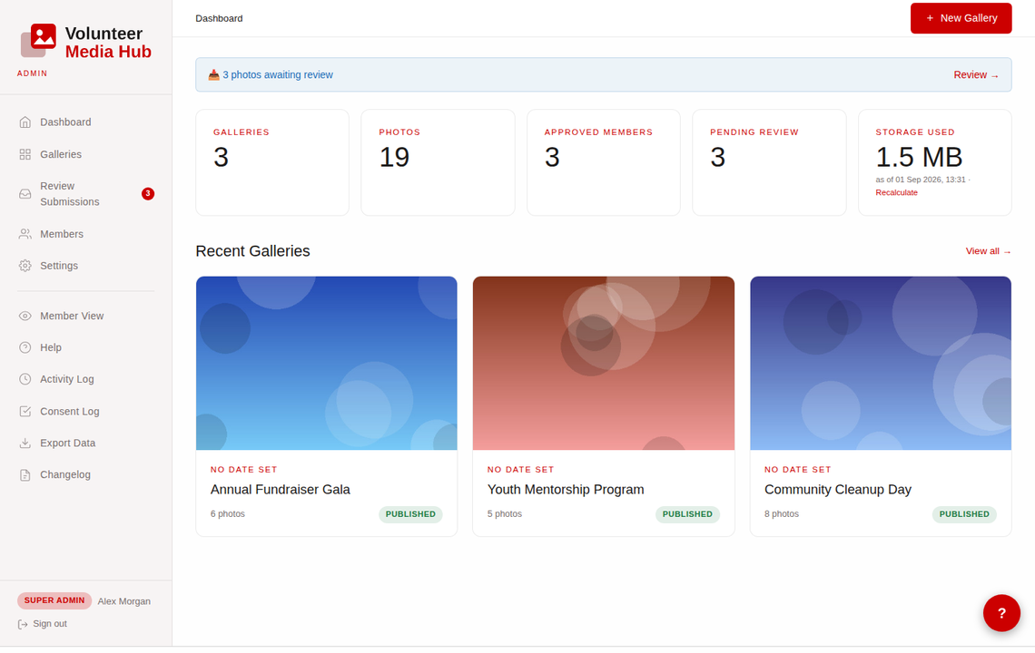 VMH admin dashboard with stats cards and recent galleries list