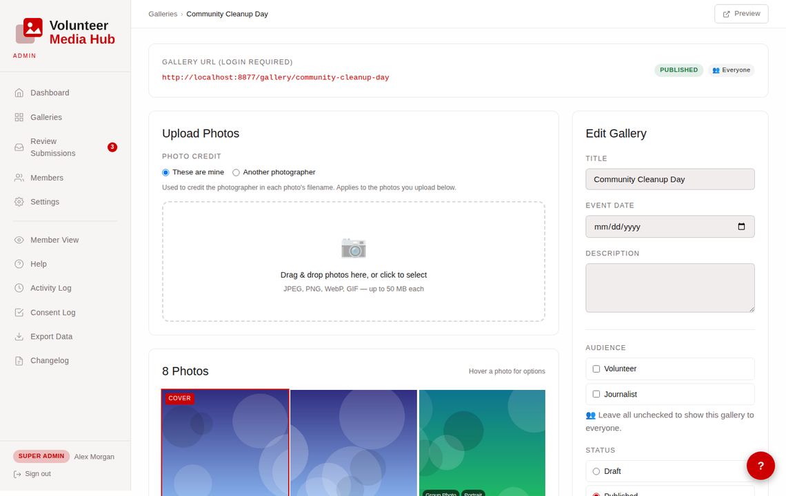 VMH gallery edit screen with audience settings and watermark controls