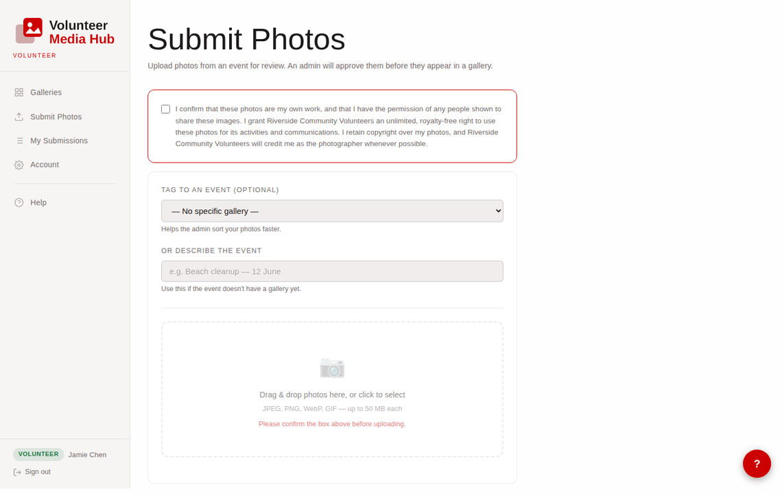 VMH member photo submission screen with consent checkbox and upload area